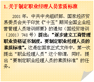 折角形: 1.关于制定职业经理人员素质标准
2001年，中共中央组织部、国家经济贸易委员会关于印发《“十五”期间全国企业经营管理人员培训纲要》的通知（国经贸培训〔2001〕748号）提出：“逐步建立工商管理职业资格证书制度。要制定职业经理人员的素质标准”。这是在国家正式文件中，第一次提出“职业经理人员”这个称谓，同时，提出“要制定职业经理人员的素质标准”的任务。
